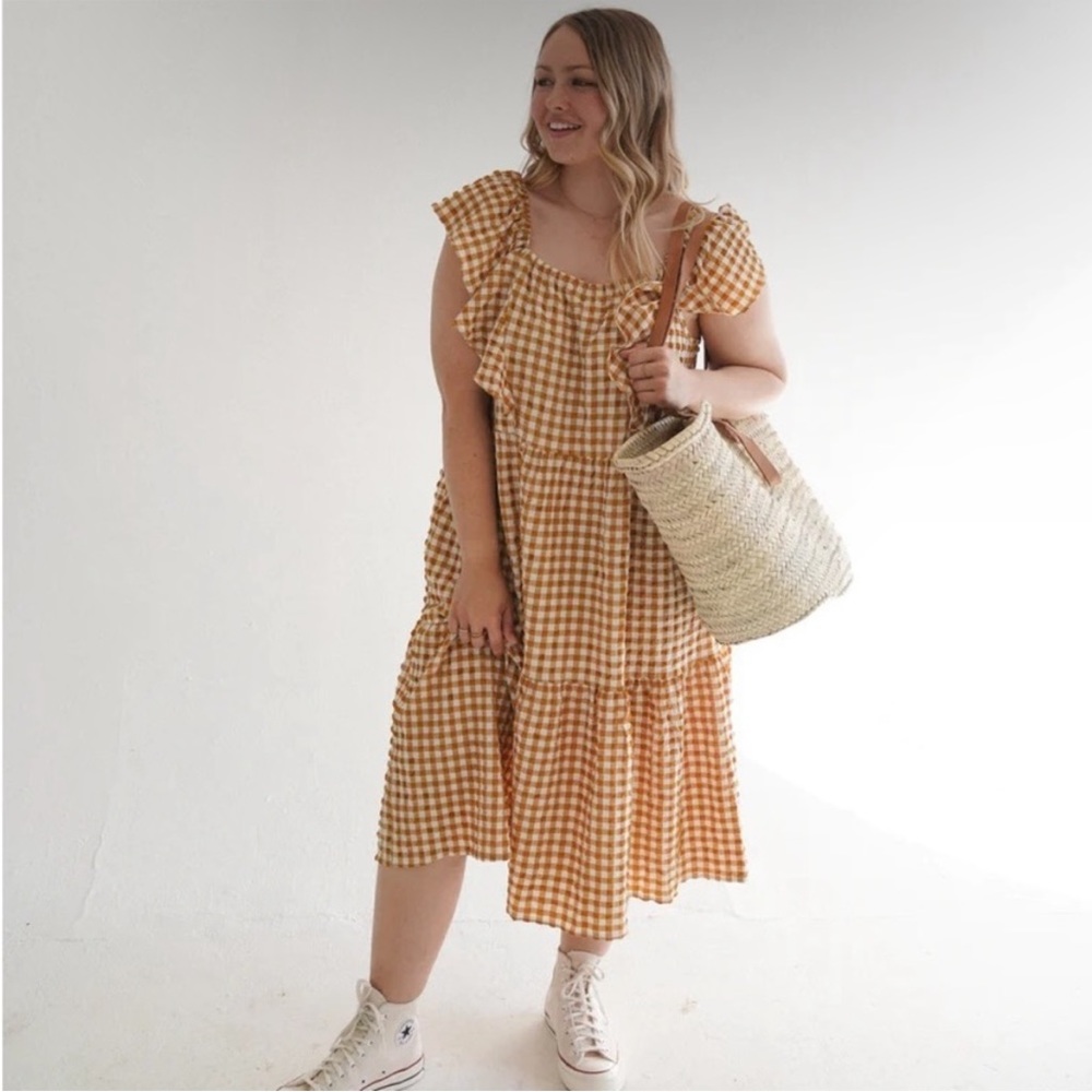 Gingham Ruffle Midi Dress - Yellow